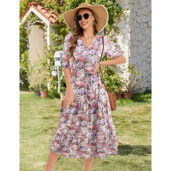Women Boho Floral Maxi Dress Summer Beach Casual V-Neck Short Sleeve - Picture 2 of 7